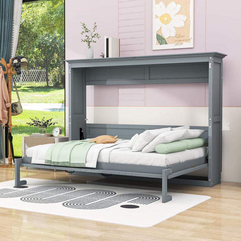 Lit escamotable, pliable dans une élégante armoire à lattes, Gris, Lit double