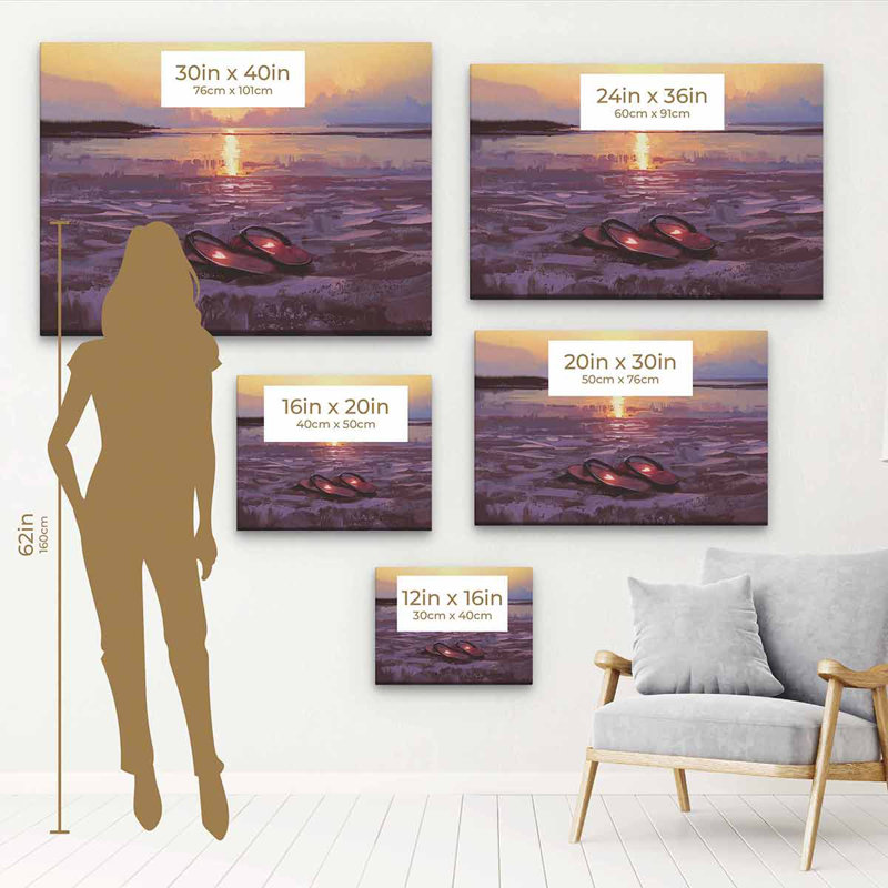 Carneatly - Tongs mauves au coucher du soleil - Peinture, Cadre noir, H 30 po x l 40 po