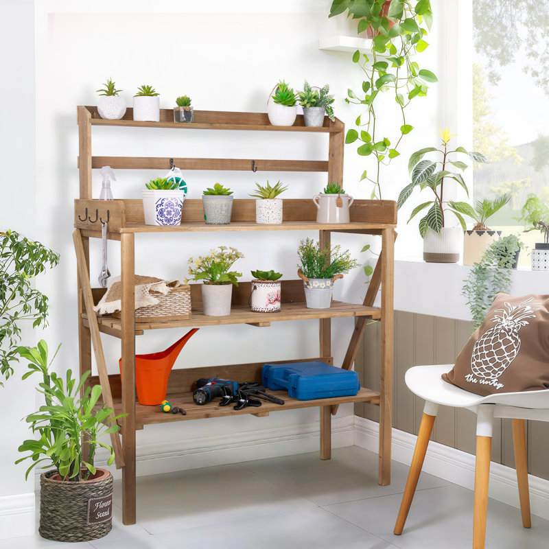 Loon Peak Hendric Fir Wood Outdoor Garden Potting Bench with Storage Shelves and Hooks