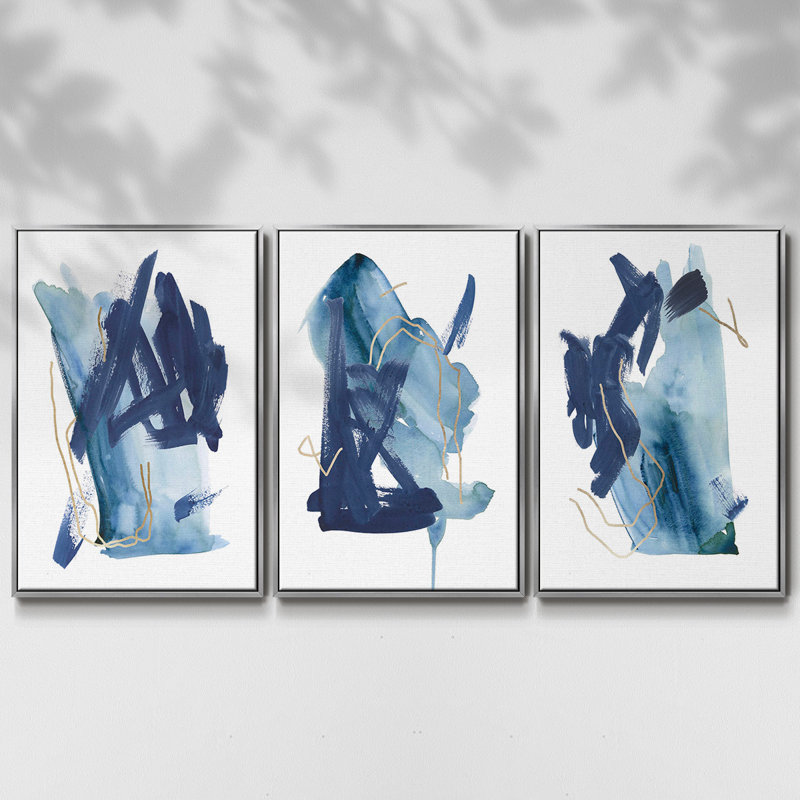Indigo Collide I, ensemble de 3 toiles encadrées sur toile, Argent, H 27 po x l 54 po