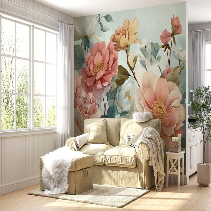 Papier peint rétro avec fleurs dans des tons pastel, L 96 po x l 108 po