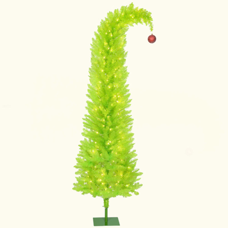 Arbre de Noël fantaisiste, arbre de Noël au crayon avec boule rouge, base en métal, pré-éclairé avec 230 lumières DEL, 6'