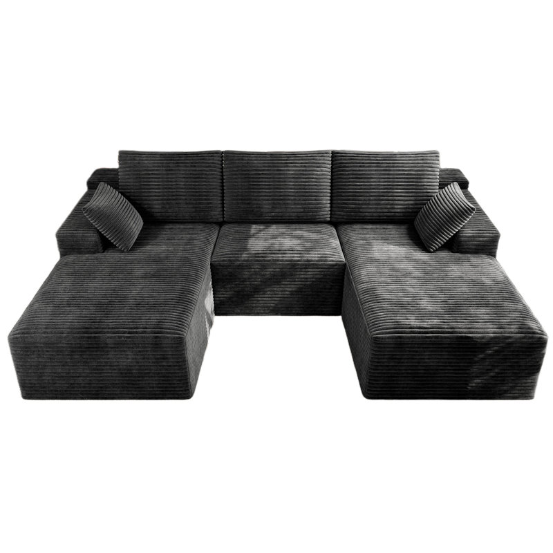 98" U-Shaped Compression Sectional, Corduroy Cloud Couch, Gray, Gray Corduroy
