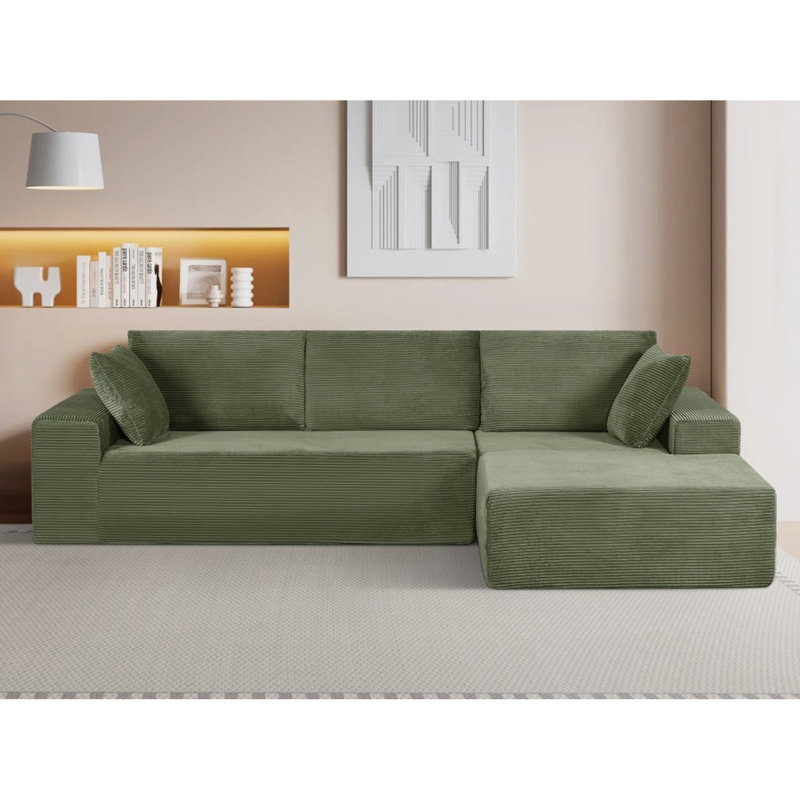Canapé d'angle convertible 4 places en velours côtelé doux, garni de mousse haute densité, idéal pour un salon ou une chambre à coucher. Aucun montage requis. Design moderne, montage facile, orientation à droite.