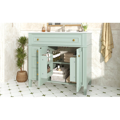 Meuble-lavabo 36 po avec lavabo, armoire en bois massif vert avec tiroir rabattable, 3 tiroirs et 2 portes à fermeture en douceur, poignées dorées et design moderne, deux ensembles