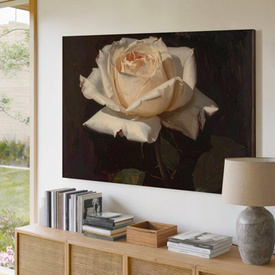 Rose blanche dans l'ombre, peinture à l'huile florale photoréaliste, certaines prières, art mural sur toile, prêt à accrocher