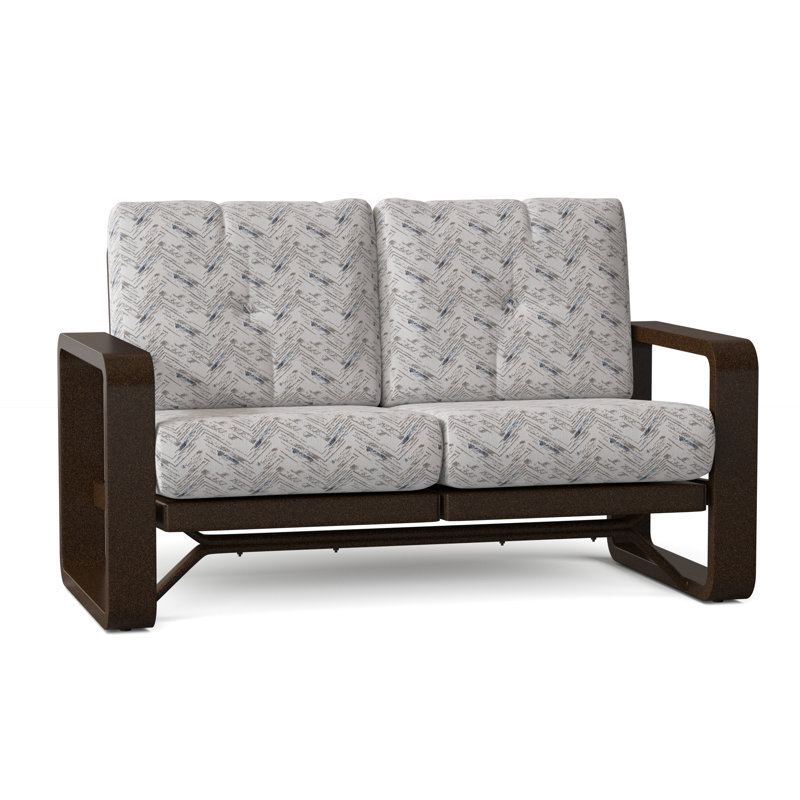 Vale 60.5'' Wide Aluminum Loveseat with Cushions, Chestnut Brown, Brannon Whisper Blue Stripe Sunbrella®