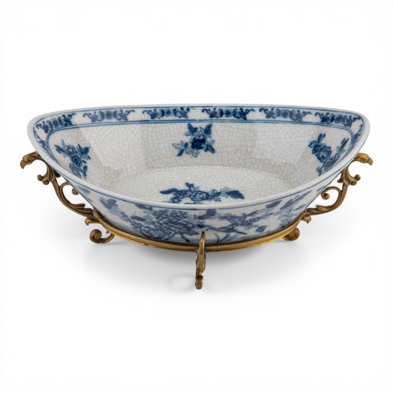 Blue White Floral Bird Oval Basin
