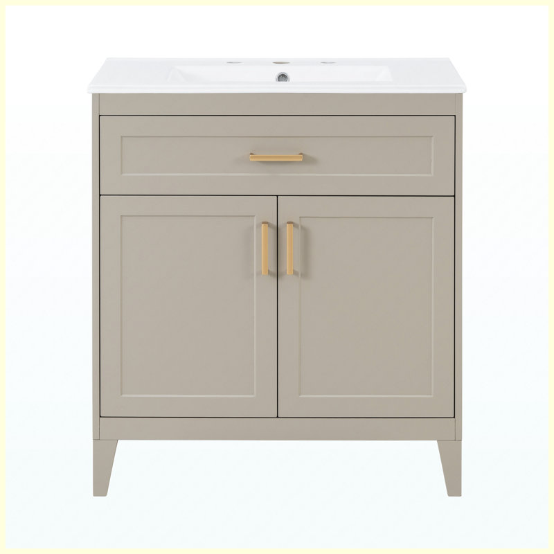 Meuble-lavabo 30 po en bois massif beige avec rangement en céramique, Beige