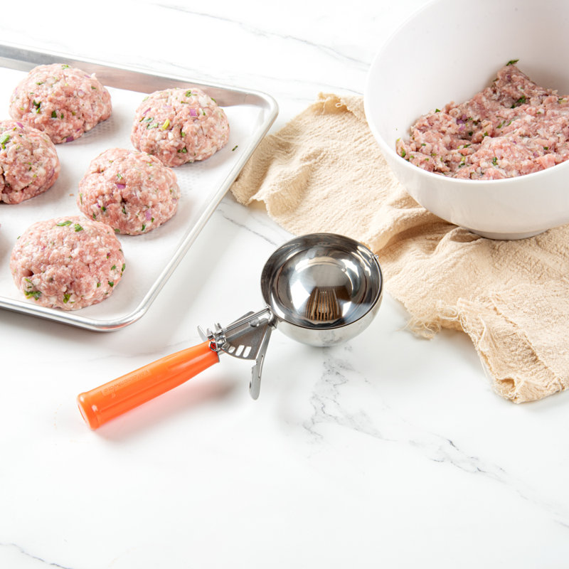 Pelle à portion de 8 onces pour restaurant, 1 cuillère à biscuits en acier inoxydable à déclenchement - avec poignée orange, fer à repasser en acier inoxydable, pour contrôler les portions, pâte à biscuits, pâte à petits gâteaux ou crème glacée