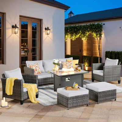 Allcot 5 - Person Wicker/Rattan Patio Furniture Set, Outdoor Sofa Set with Couch, Chairs, Ottomans, Firepit Table and Comfy Cushions