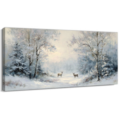 Winter Forest Landscape Canvas Wall Art Snow Deer Pine Tree Painting Prints for Living Room Bedroom Office Holiday Christmas Wall Artwork Vintage Nature Poster Picture Decor, 12×24 Inches