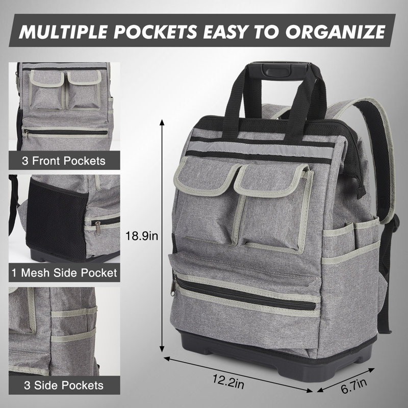 Sac à dos robuste et imperméable pour outils, Oxford 17 pouces avec base en plastique renforcé, Grey