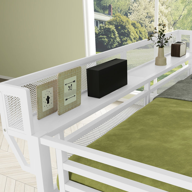 Grand lit mezzanine avec escalier, rangement et garde-robe, métal blanc, fiable à long terme, capacité de 400 lb, tablettes inférieures en métal de 54,3 po pour les petits espaces blancs, chambres à coucher idéales pour les adolescents