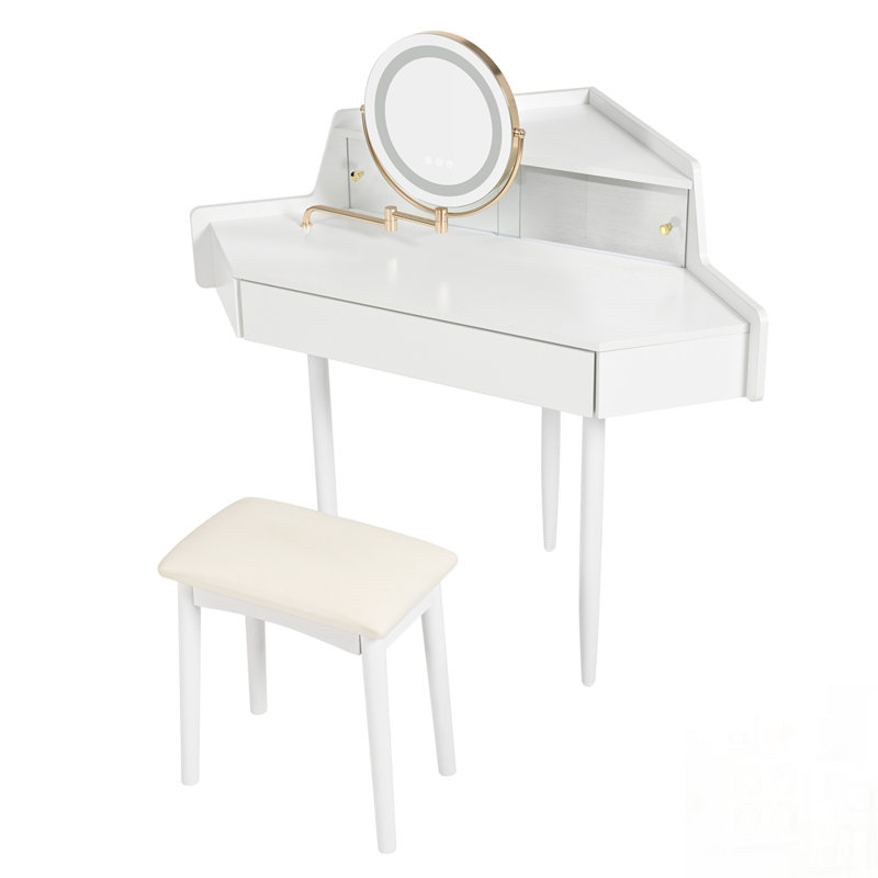 Meuble-lavabo de coin moderne avec grand rangement, miroir DEL et tabouret, luminosité réglable, peu encombrant
