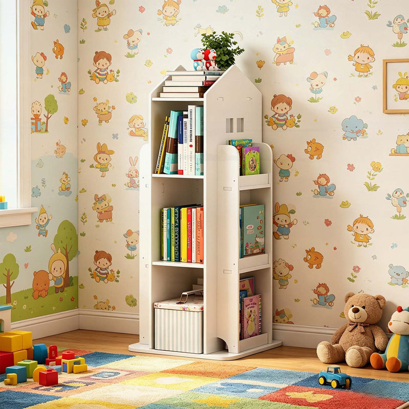 Bibliothèque rotative à 4 niveaux avec pivotement à 360 °, rangement spacieux pour les livres et les jouets, idéale pour les chambres d'enfants et les espaces de vie