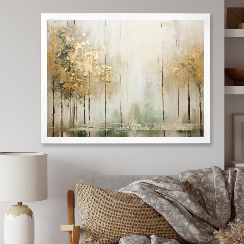 «Minimalisme beige et forêt dorée II», reproduction d'art sur toile, H 16 po x l 32 po x P 1 po, Cadre simple blanc