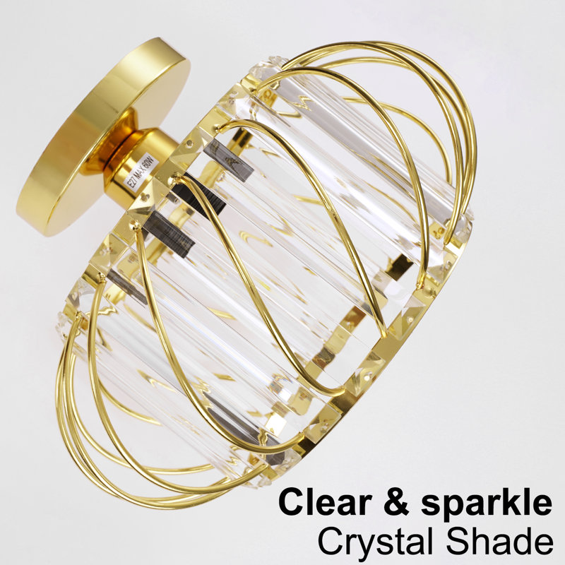 1-Light 11" Flush Mount Ceiling Light Modern Crystal Cage Gold Fixture for Bedroom Hallyway Entryway, Gold