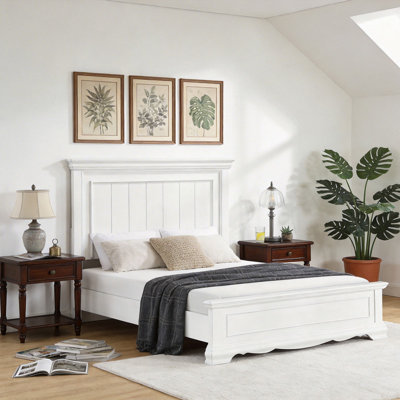 White Wooden Panel Bed Frame with Headboard and Footboard