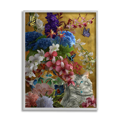 Chat doré et fleurs encadrées sur bois par Nene Thomas