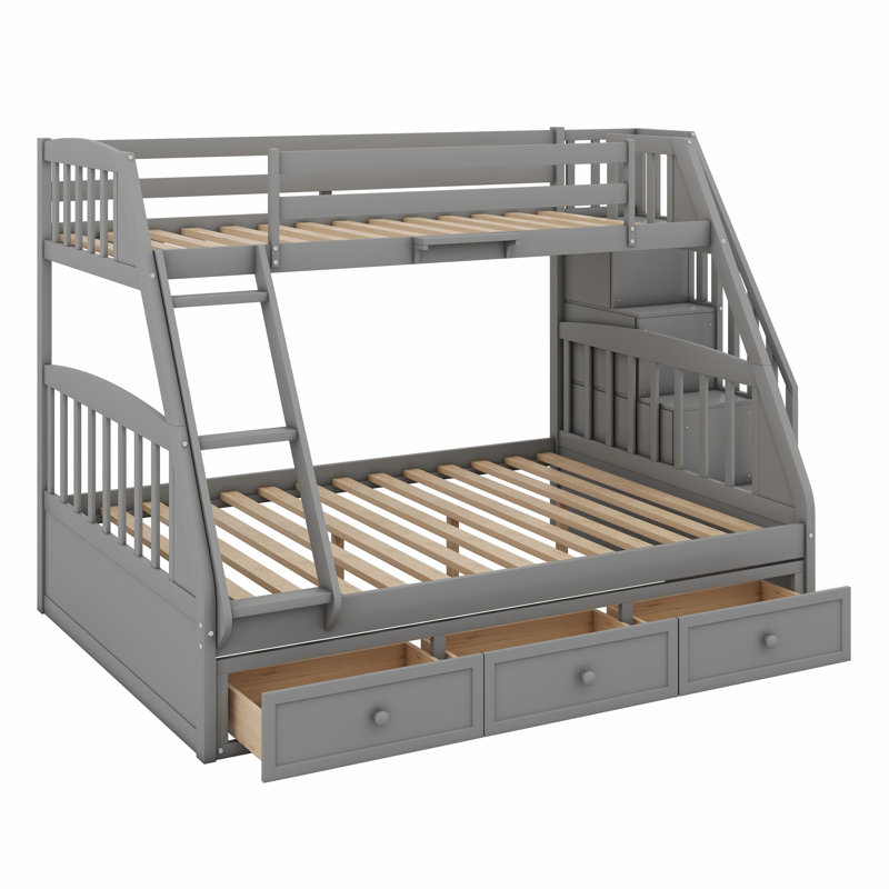Bunk Bed With Drawers,Ladder And Storage Staircase, Gray
