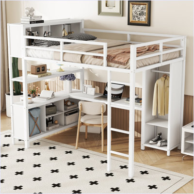 Metal Loft Bed With Wardrobe And L-Shaped Desk, Full Size Loft Bed With Storage Cubes And Shelves by Harriet Bee