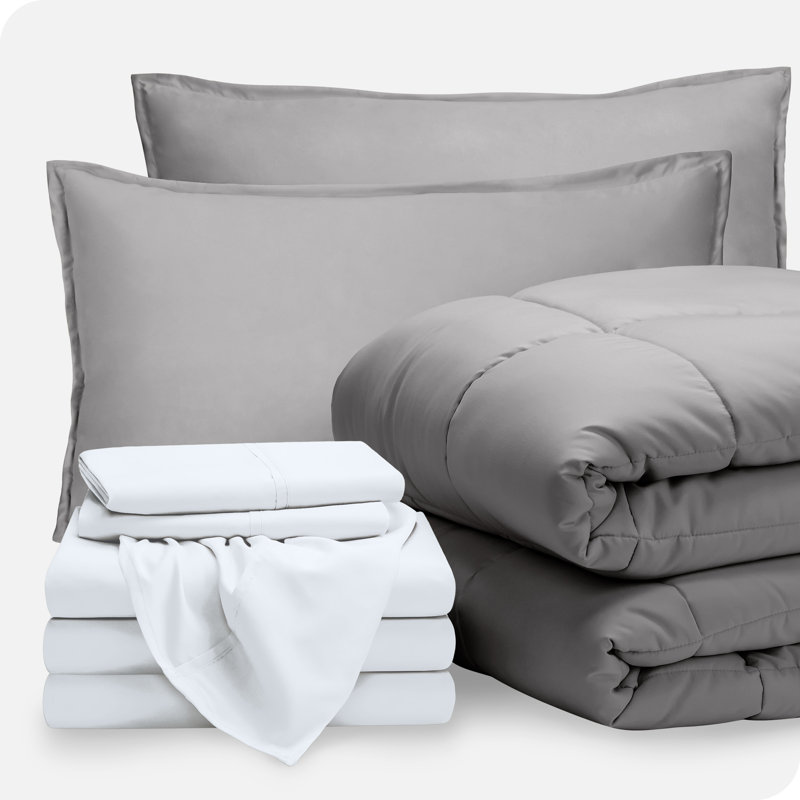 Microfiber Bed-In-A-Bag, Split Queen Comforter + 7 Additional Pieces, Light Gray/White