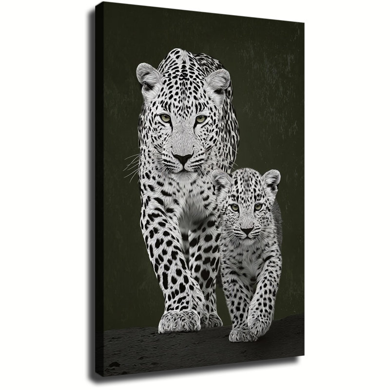 Tableau monochrome léopard mère et petit, grande toile tendue sur châssis, idéal pour le salon ou la chambre., 24 po x 36 po