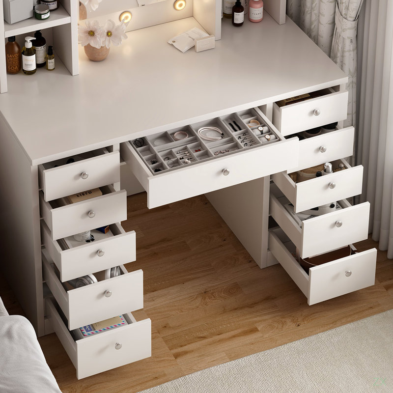 Bureau de meuble-lavabo avec miroir à DEL, coiffeuse de maquillage avec 11 tiroirs, 3 modes d'éclairage couleur