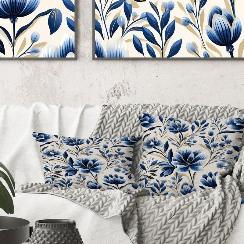 Fleur de damas bleu et blanc - Coussin Abstrait corail multicolore abstrait - Coussin, H 16 po x l 16 po