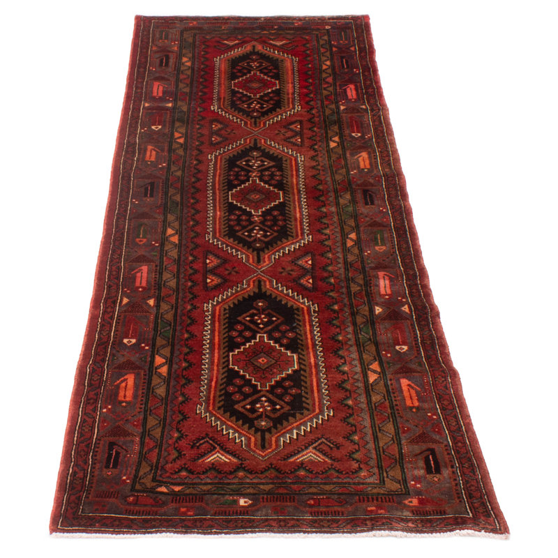 Tapis de couloir unique en laine noué à la main 2000 pi 3 pi 6 po x 9 pi 10 po Hiott - rouge / noir / saumon