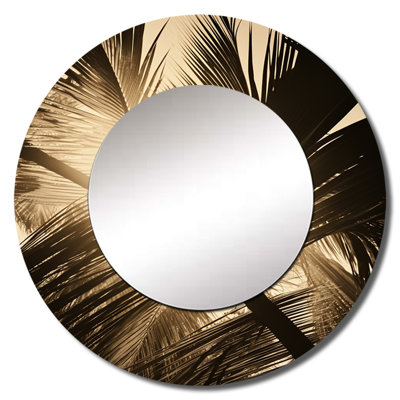 Sepia Serenity Palm Leaves - Palm Trees Wall Mirror, Traditional Round Decorative Mirror, Printed Metal Art