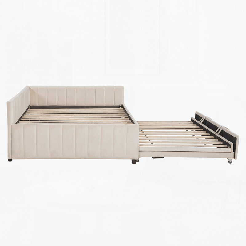 Upholstered L-Shaped Upholstered Daybed with Twin Size Pop Up Trundle, Beige