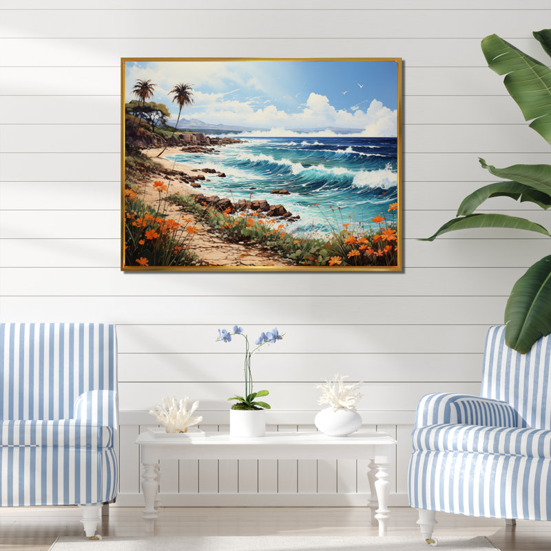 «Beach Tropical Paradise Pointillism I», reproduction d'art sur toile, H 24 po x l 32 po x P 1 po, Cadre flottant doré