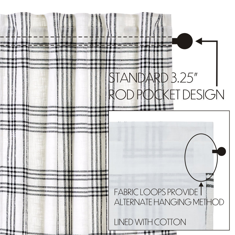 Black and White Plaid Cotton Rod Pocket Valance, 72" Width
