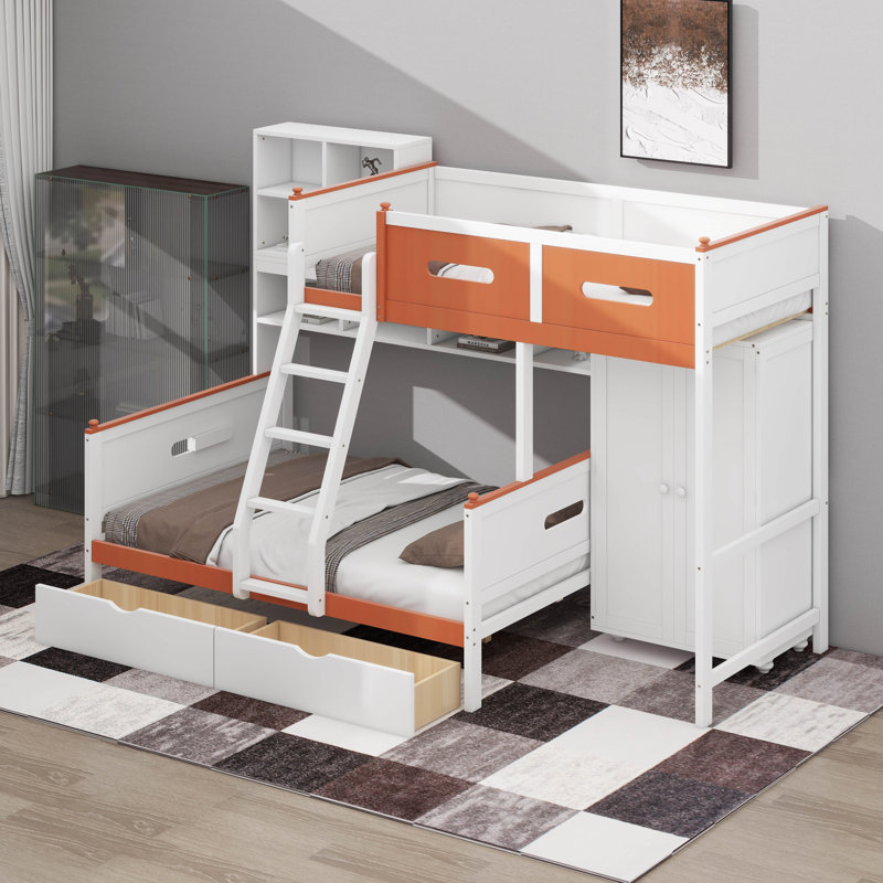 Twin Over Full Bunk Bed, Wooden Bunk Bed Frame With Ladder, Wardrobe, Drawers, Shelves And LED Lights
