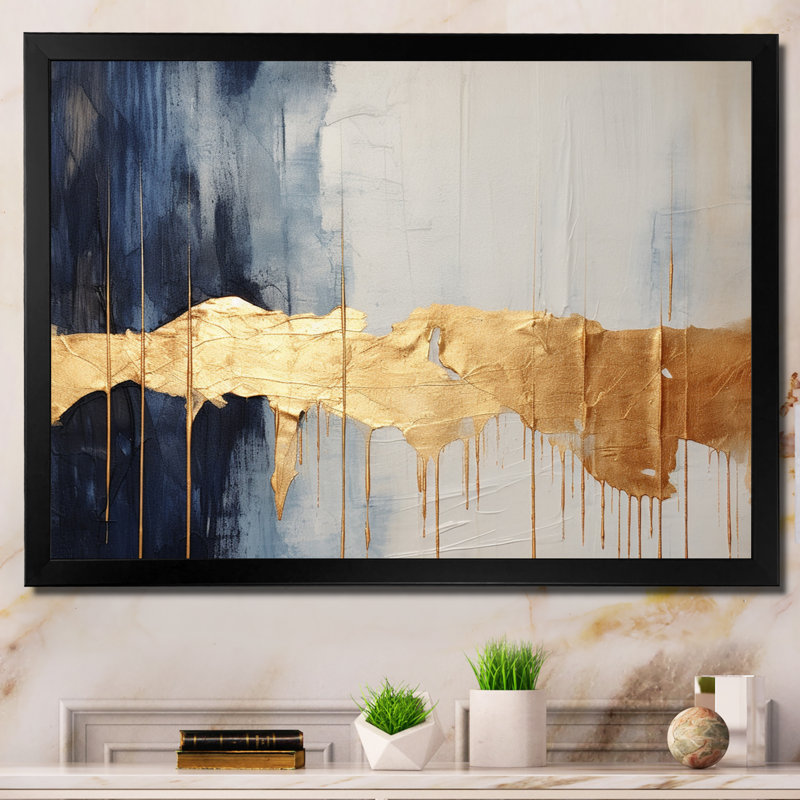 Waves Of Joy Minimal Nova - bleu et or I - peinture abstraite, art mural, H 30 po x l 40 po x P 1,5 po, Cadre photo noir