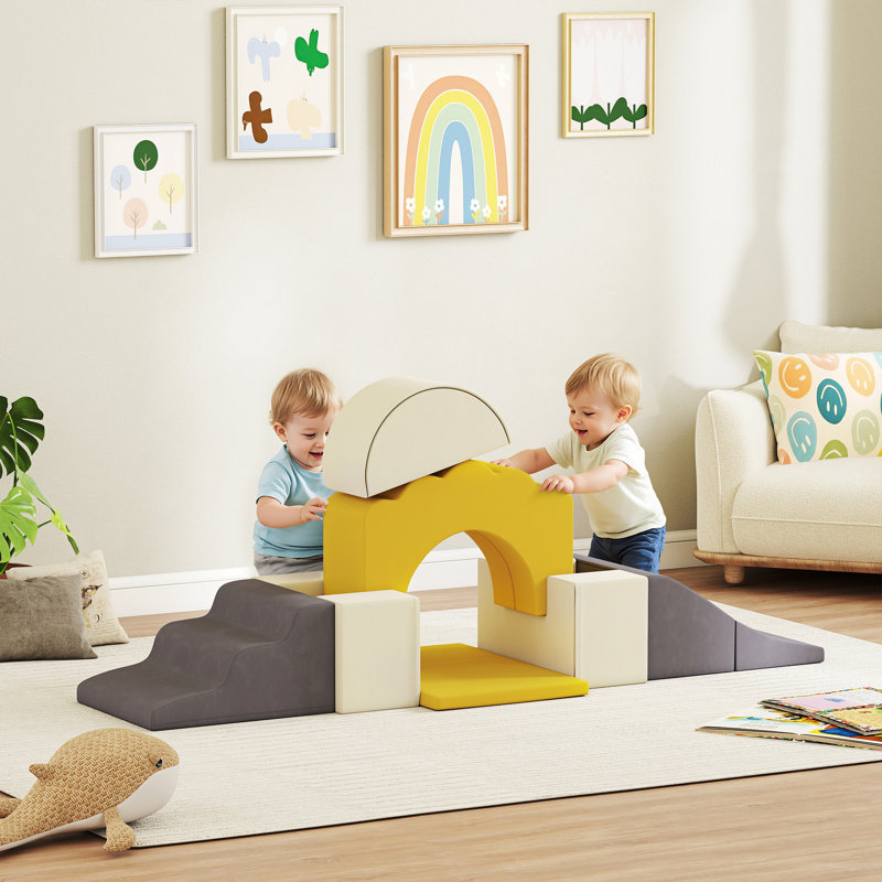 Ensemble de 7 pièces de jeu pour bébé, blocs d'escalade en mousse, jaune, Jaune , gris , beige