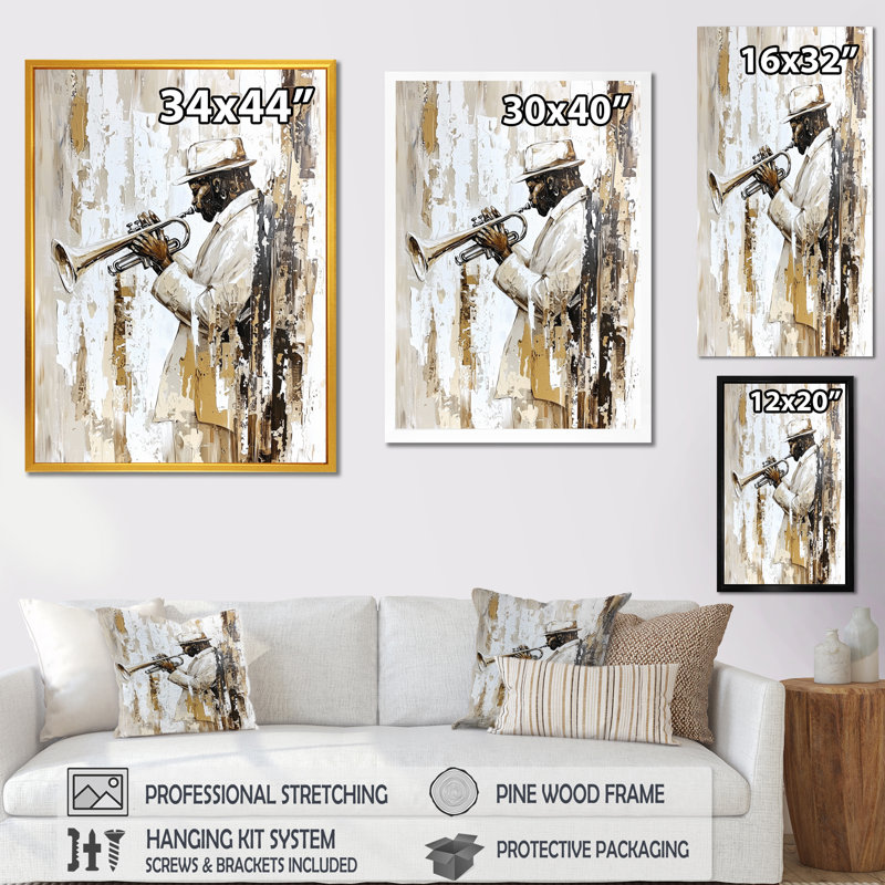 Jazz Trumpeter In The Spotlight II - Music Jazz Wall Décor, Picture Framed Print, Black, 32" H x 16" W