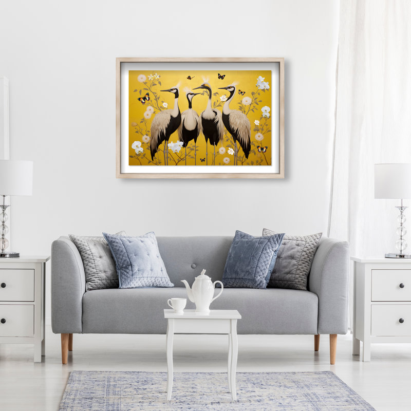 Yellow Crested Cranes Canvas Animals Print by Oliver Gal, 11.5"H x 16.5"W, Natural Oak Frame