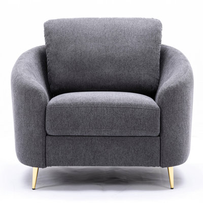 Chaise en lin gris doux, légèrement inclinée et arrondie, pieds en métal doré, assise, structure en bois de pin, fauteuil à dossier amovible moderne, tissu, structure intérieure solide, option maison