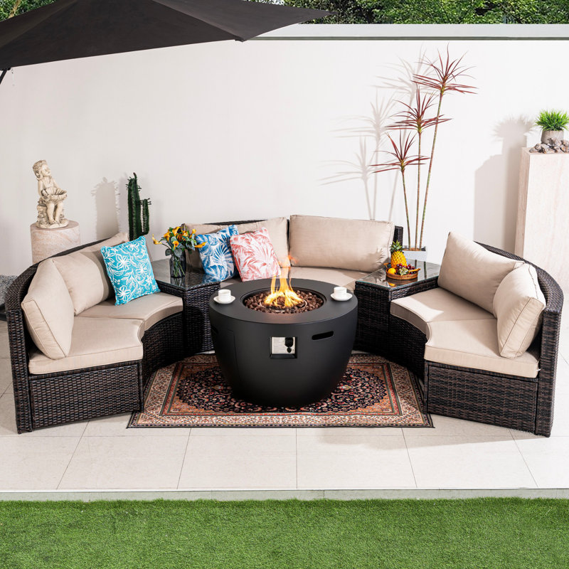 Ensemble repas pour 6 personnes en osier avec table ronde, coussins inclus, Coussin beige / structure brune