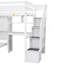 Lit mezzanine simple au-dessus de simple avec bureau intégré et escalier, avec compartiments de rangement et tablettes, blanc