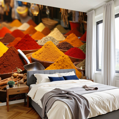 Papier peint adhésif peler et coller vibrant marché aux épices, épices colorées en poudre H 100 po x l 144 po, papier peint amovible en PVC, adhésif mural pour chambre à coucher, bureau à domicile