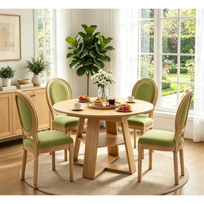 Round Extendable Dining Table Set, 43"-59" Natural Wood Expanding Kitchen Table with French-Style Upholstered Chairs, Space Saving Oval Extendable Din