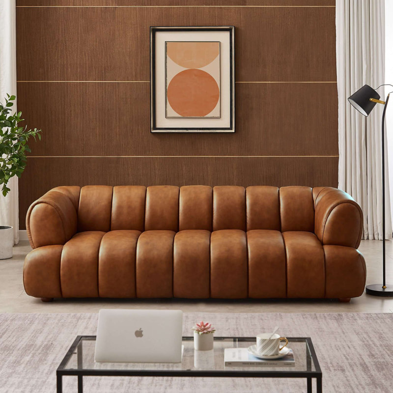 Canapé à accoudoirs arrondis en cuir véritable 90,2 po Bryani