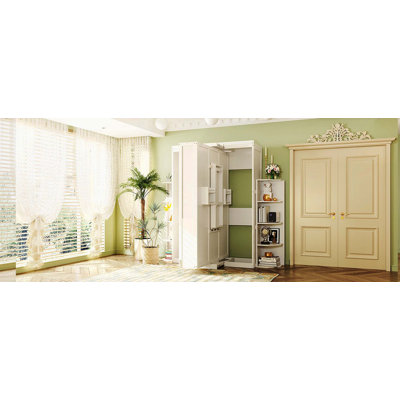 Rotatable Wall Murphy Bed with Hidden Cabinet, Tiered Side Shelves, Convertible Desk and Extra Storage Racks, Multifunctional Furniture for Home Office