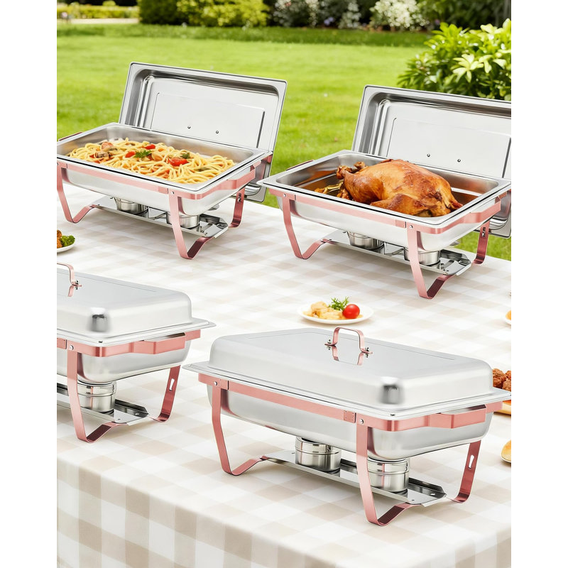 Ensemble de 4 réchauds à buffet avec couvercle et cadre pliable, acier inoxydable, or rose