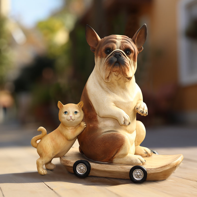 Iretemi Garden Statue Polyresin French Bulldog and Cat on Skateboard Outdoor Sculpture