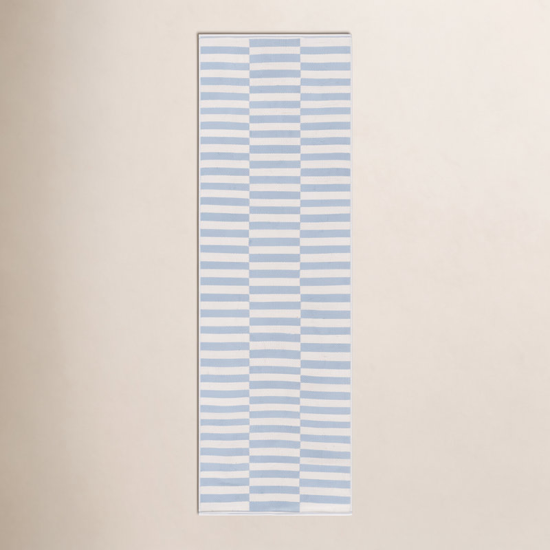 Tapis rayé ivoire / bleu clair tissé à la main Ilona, Tapis de couloir 2 pi 3 po x 7 pi